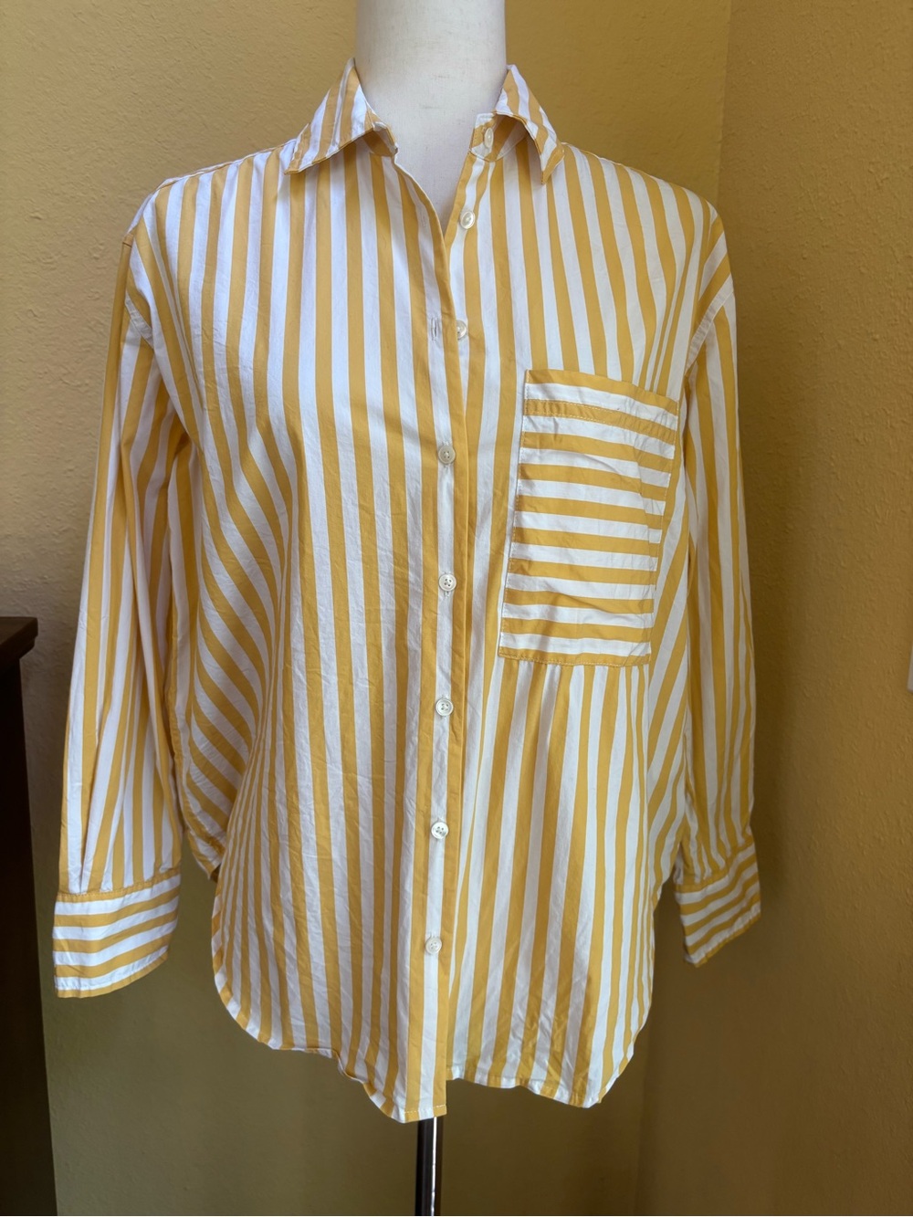 AYR Yellow and White Vertical Stripe Button-Down Shirt. XS